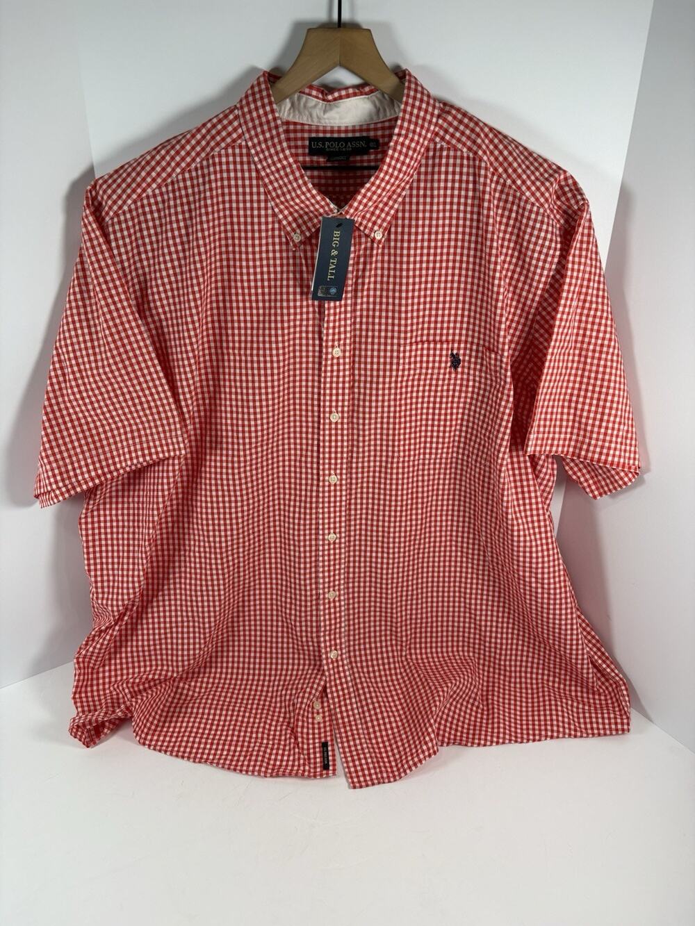 US Polo Assn Mens 4XL Big Red White Gingham Short Sleeve Button Down Shirt NWT